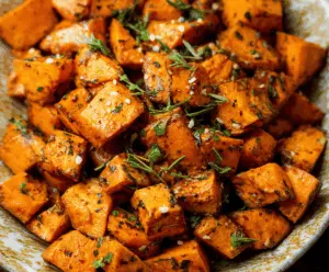 Delicious herb roasted sweet potatoes with crispy edges and fragrant herbs on a rustic plate.