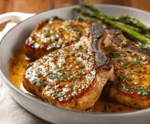 Juicy honey mustard glazed pork chops served on a plate garnished with herbs.