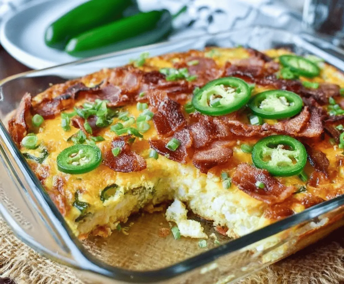 Delicious jalapeño popper breakfast casserole with melted cheese and crispy bacon