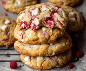 Juicy jumbo raspberry white chocolate cookies with fresh berries and melted white chocolate.