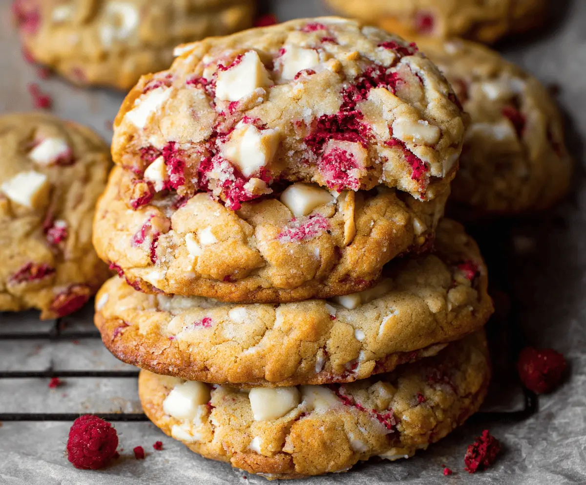 Juicy jumbo raspberry white chocolate cookies with fresh berries and melted white chocolate.