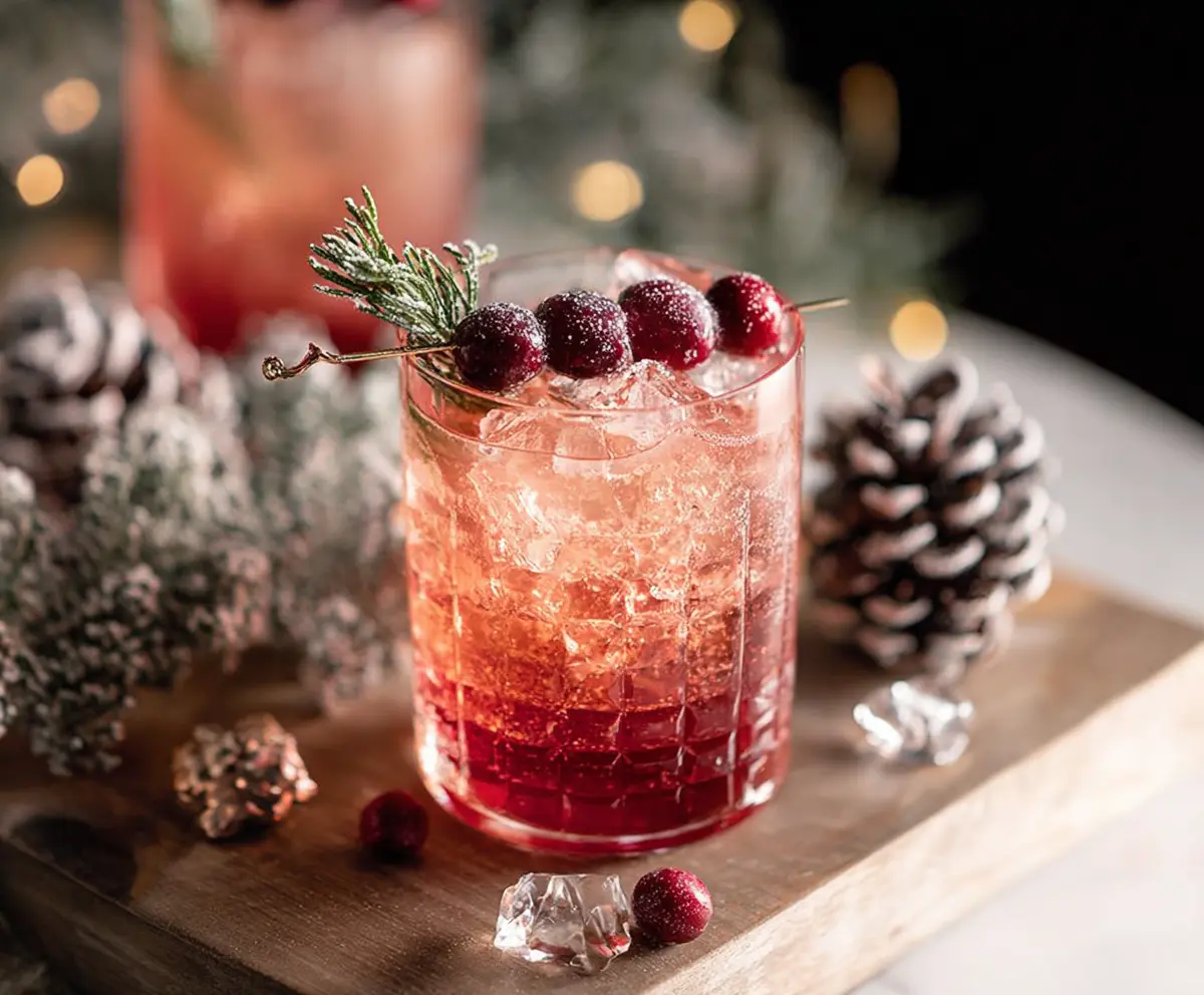 Festive Kris Kringle's Jingle Batch Cocktail in a holiday-themed glass with colorful garnishes.