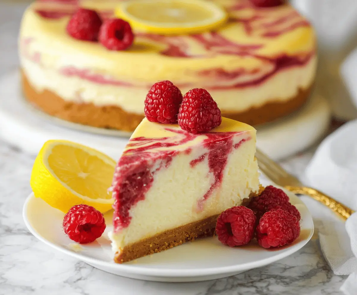 Delicious Lemon Raspberry Swirl Cheesecake with fresh fruit and creamy texture