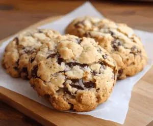 Delicious Levain Bakery chocolate chip cookies fresh out of the oven, with gooey chocolate and golden-brown edges.