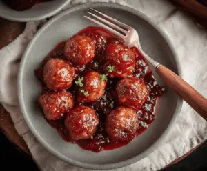 Delicious meatballs glazed in rich cranberry sauce, perfect for holiday appetizers.