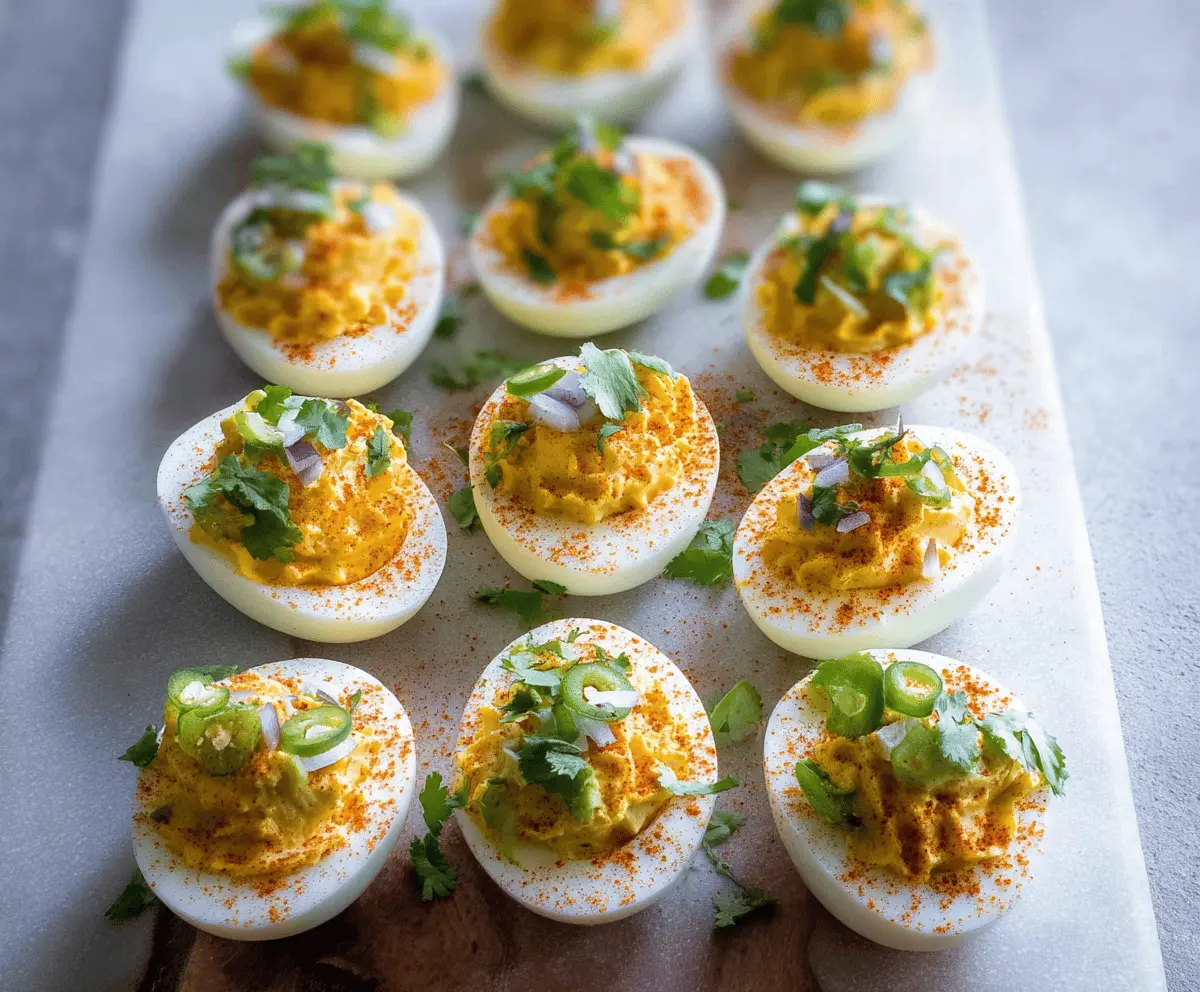 Mexican deviled eggs garnished with paprika and fresh herbs on a white plate
