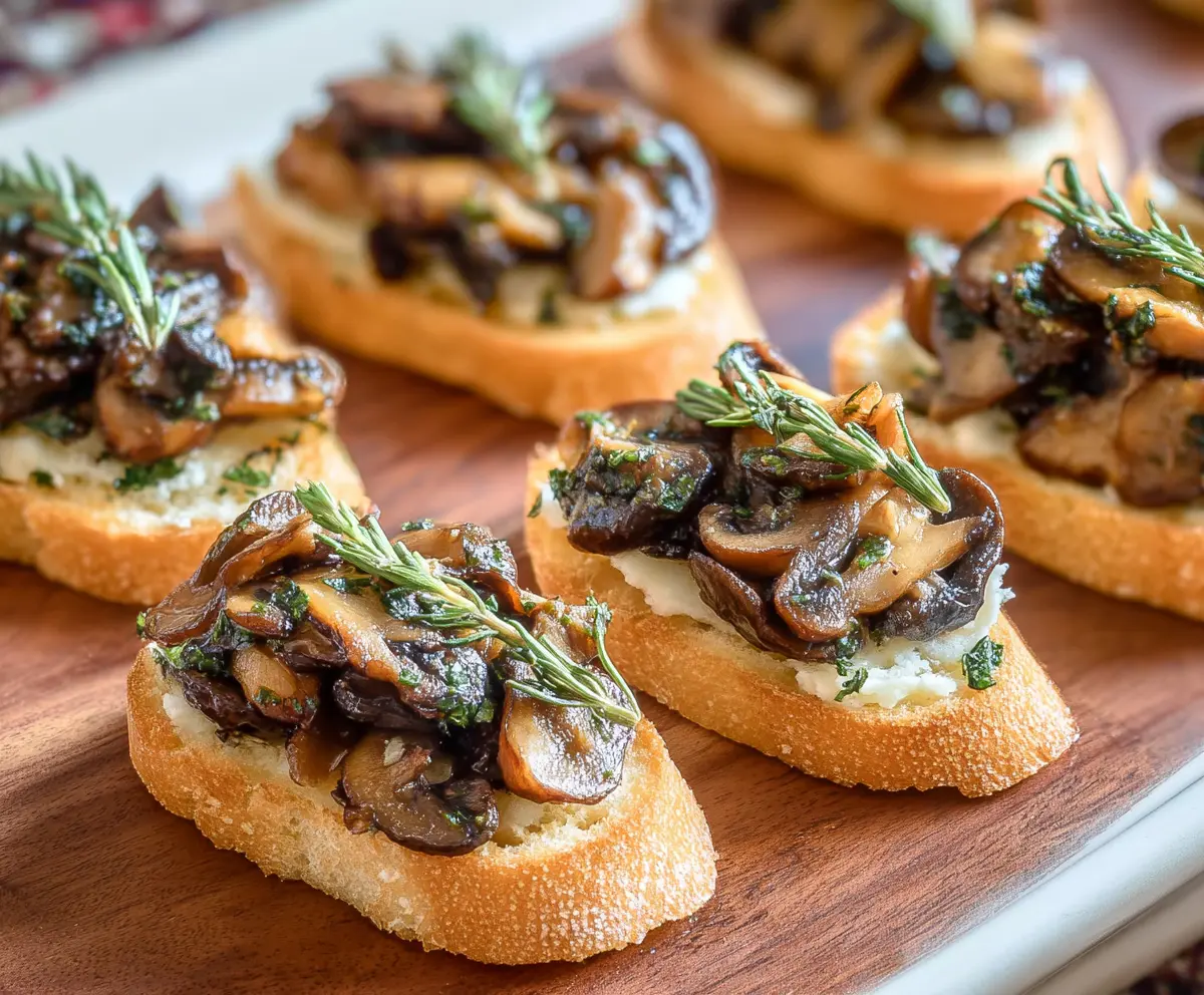 Delicious mushroom crostini with creamy cheese and fresh herbs on toasted baguette slices