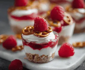Delicious no-bake raspberry pretzel cups with a sweet and crunchy topping