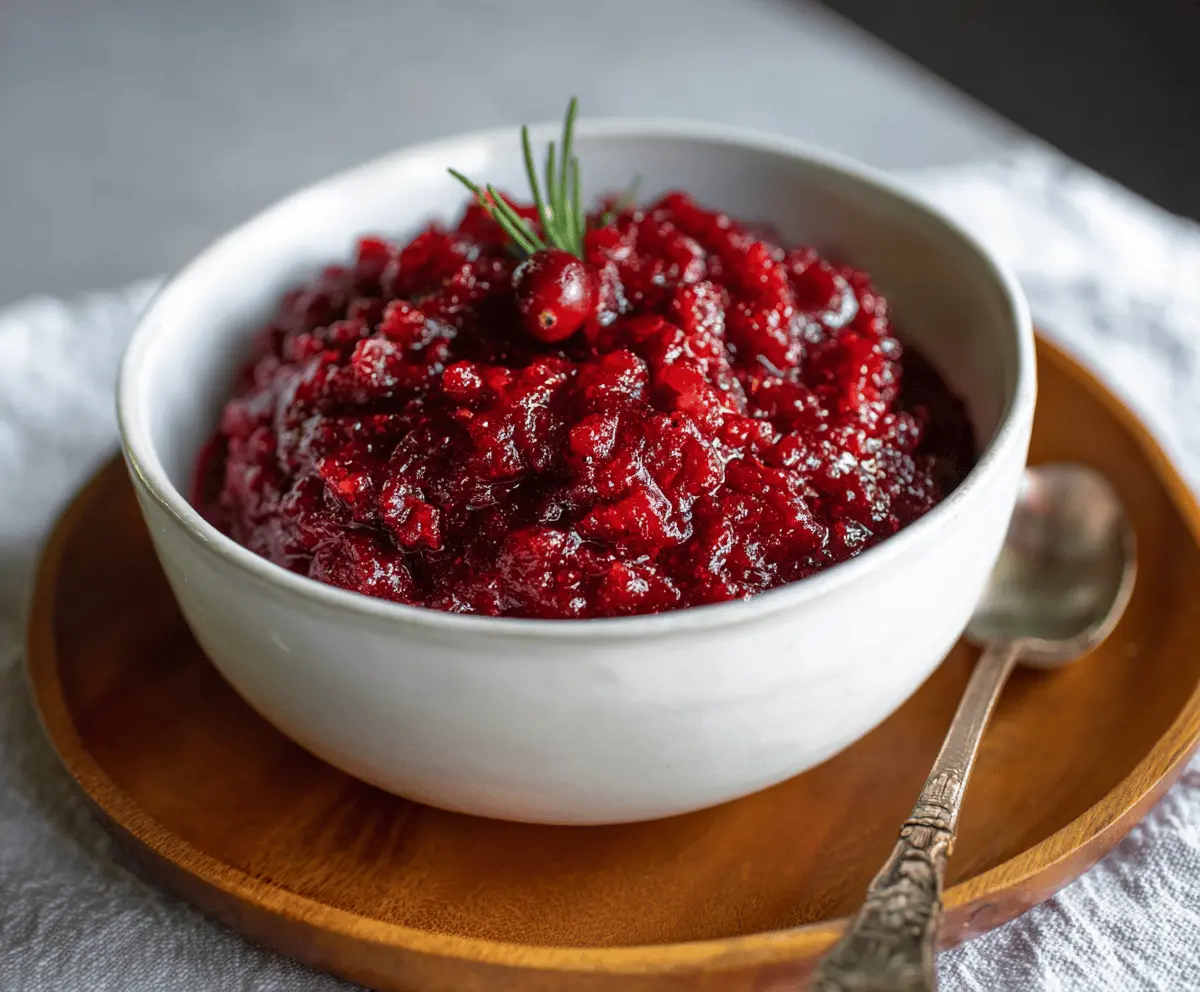 No Cook Cranberry Sauce in a bowl with fresh cranberries and orange zest for a quick holiday treat