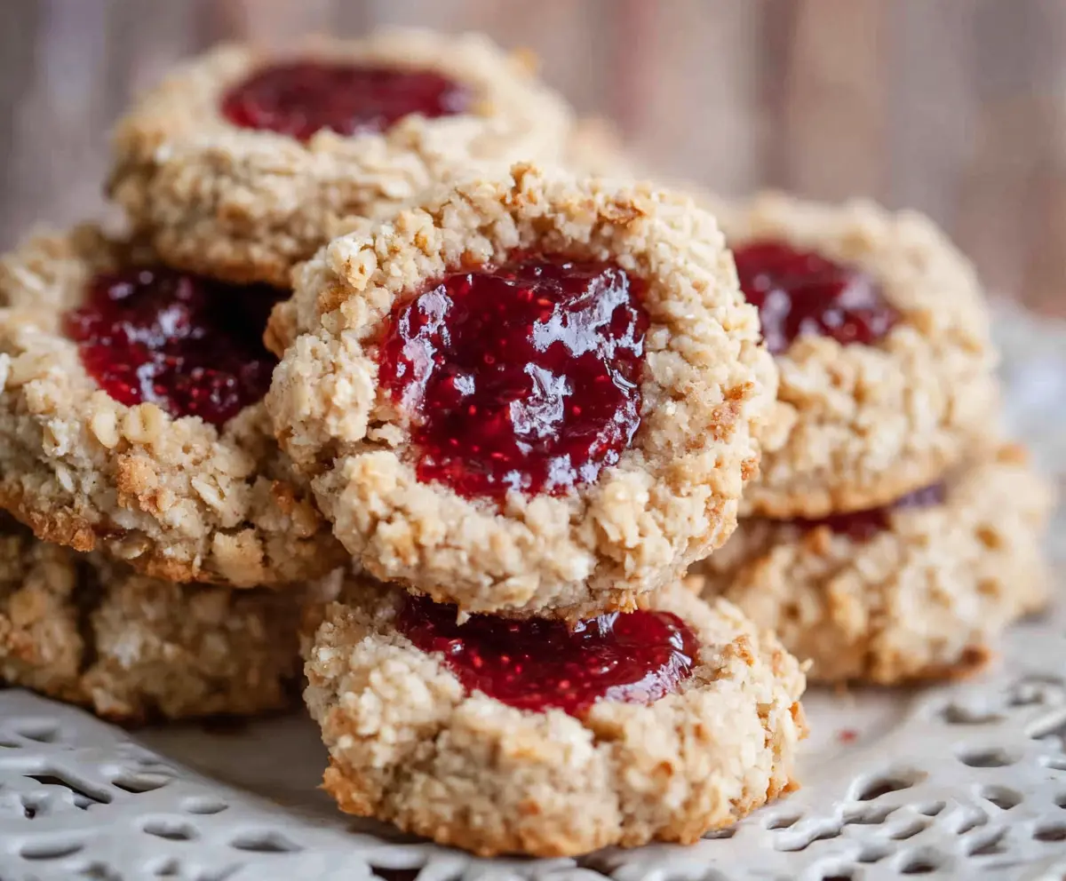 Delicious oatmeal raspberry jam thumbprint cookies on a plate, perfect for a sweet snack or dessert.