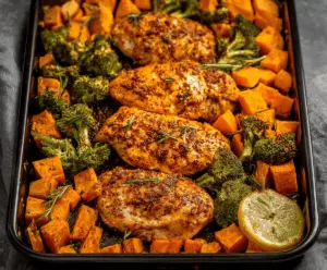 Delicious one-pan chicken with roasted sweet potatoes and fresh herbs