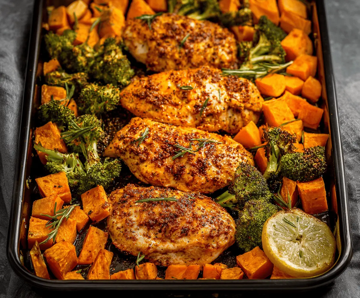 Delicious one-pan chicken with roasted sweet potatoes and fresh herbs