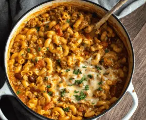 Delicious one pot chili mac and cheese topped with melted cheese and fresh herbs.