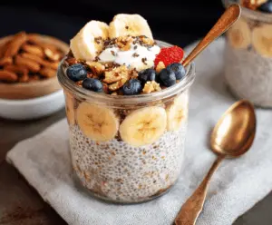 Healthy overnight oats with chia seeds in a glass jar for a nutritious breakfast.