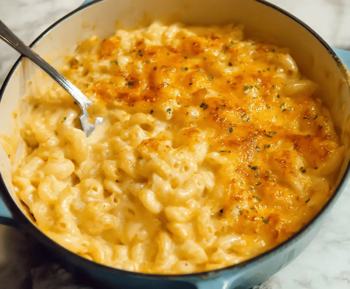 Creamy Paula Deen's Mac and Cheese served in a rustic dish, topped with golden melted cheese.