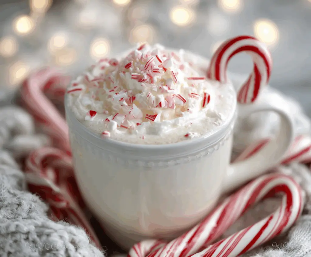 Creamy peppermint white hot chocolate topped with whipped cream and mint leaves