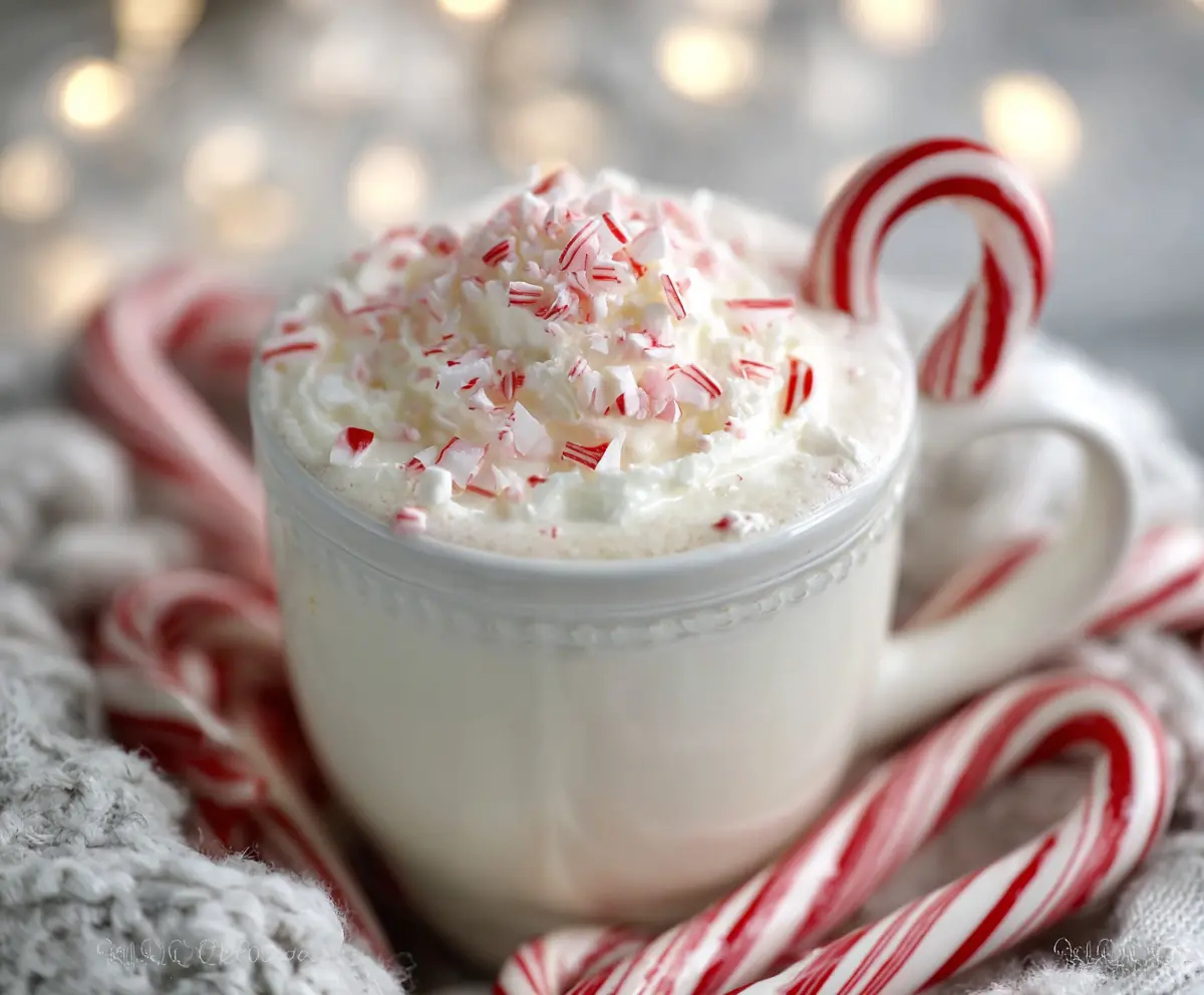 Creamy peppermint white hot chocolate topped with whipped cream and mint leaves