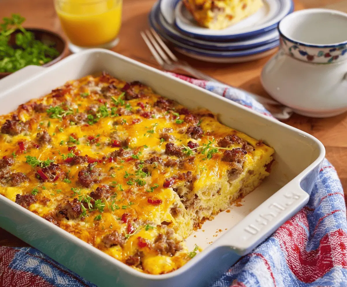 Delicious Pioneer Woman Sausage Breakfast Casserole with eggs, cheese, and savory sausage in a baking dish.
