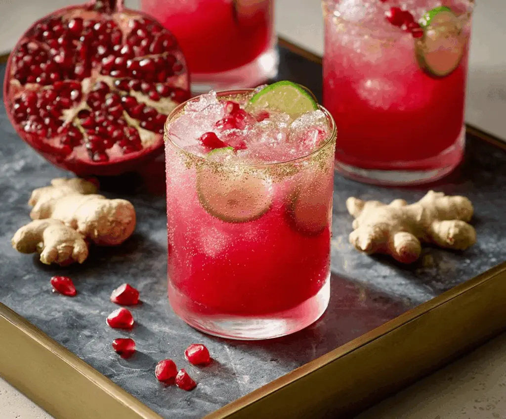 Refreshing Pomegranate Ginger Fizz in a glass with pomegranate seeds and fresh ginger