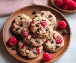 Delicious Raspberry Almond Chocolate Chip Cookies fresh out of the oven with melted chocolate and crunchy almonds.