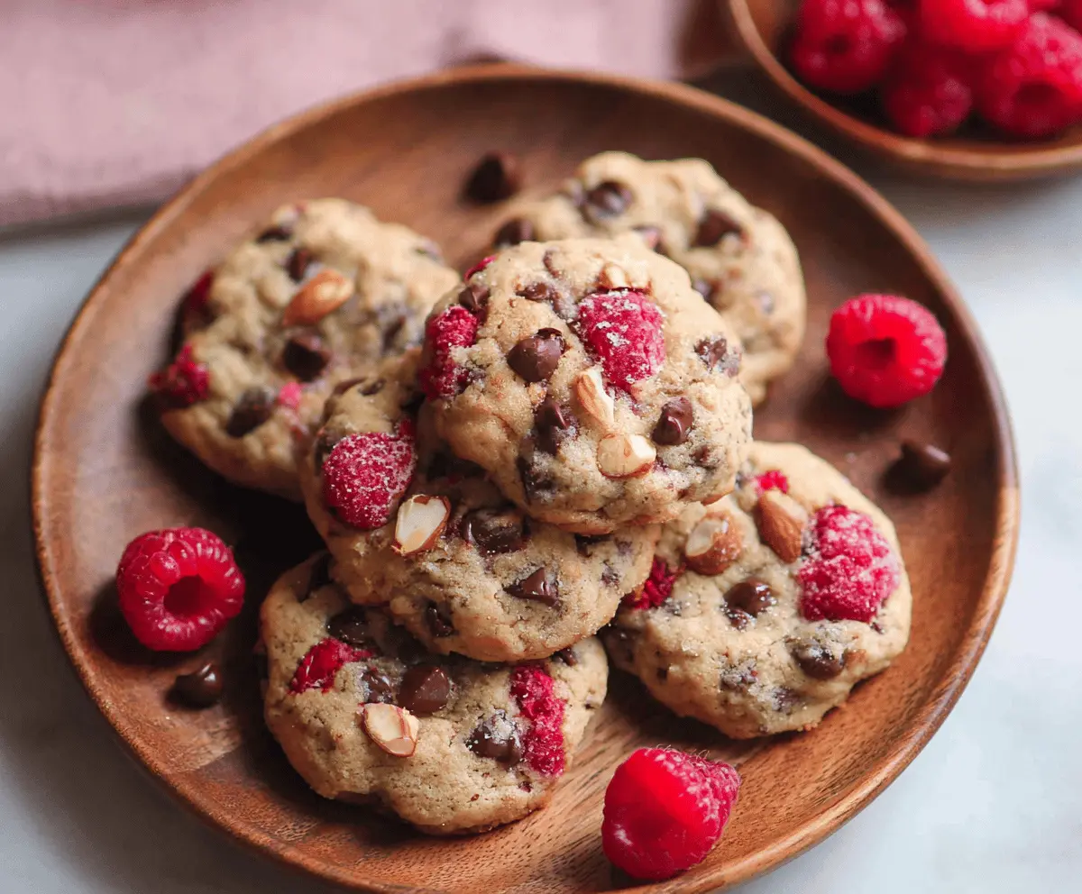 Delicious Raspberry Almond Chocolate Chip Cookies fresh out of the oven with melted chocolate and crunchy almonds.