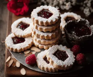 Delicious Raspberry Almond Linzer Cookies with raspberry jam filling and almond dusting.