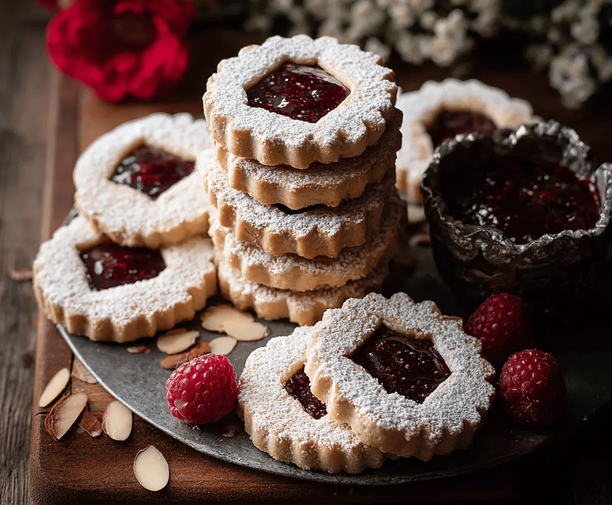 Delicious Raspberry Almond Linzer Cookies with raspberry jam filling and almond dusting.