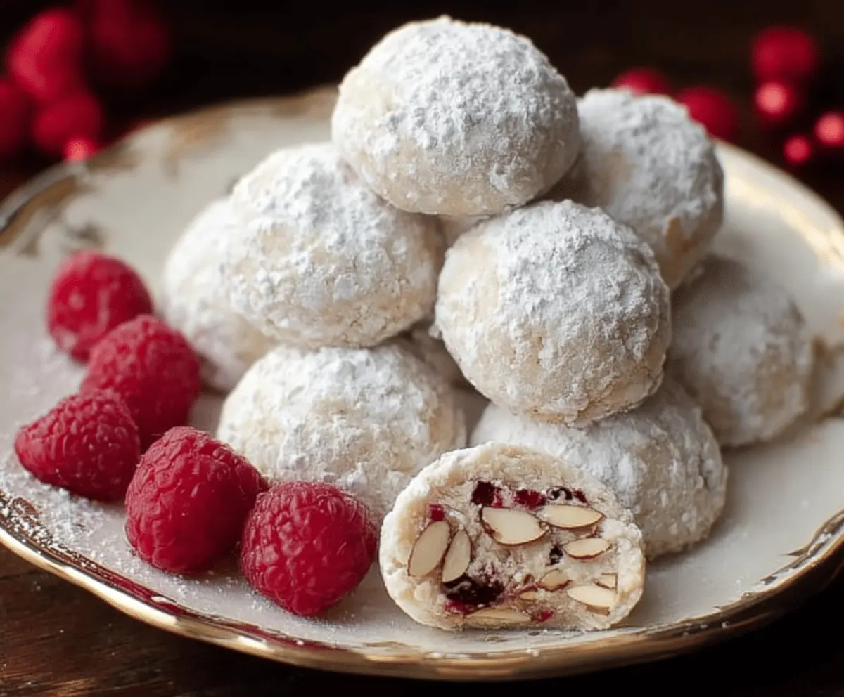Delicious raspberry almond snowball cookies coated in powdered sugar, perfect for holiday baking.