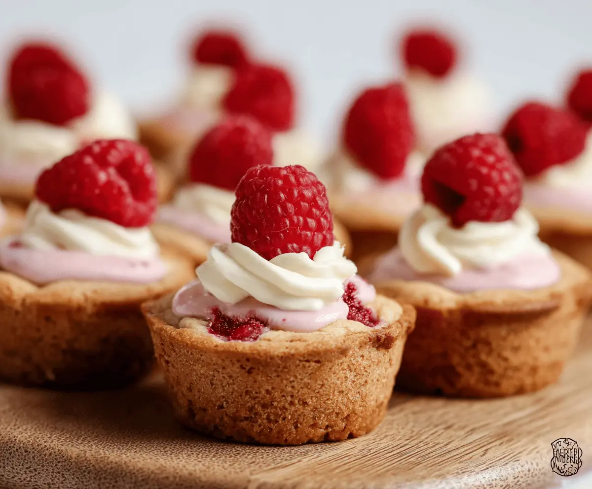 Delicious Raspberry Cheesecake Cookie Cups with fresh raspberries and creamy cheesecake filling