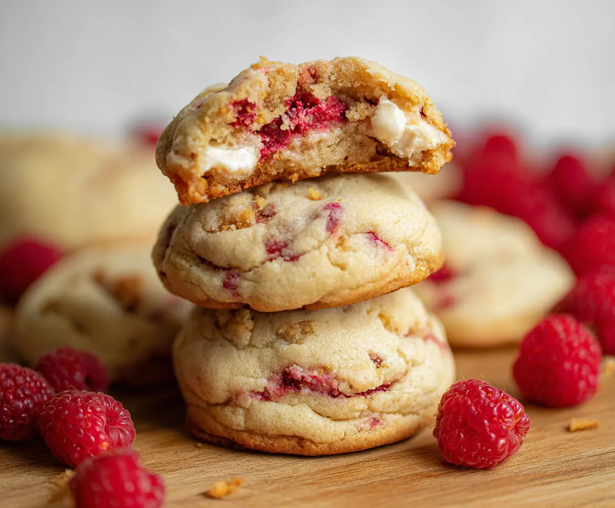 Delicious Raspberry Cheesecake Stuffed Cookies with creamy filling and fresh raspberry topping