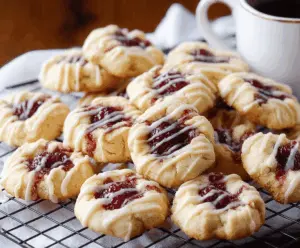 Delicious raspberry drizzle shortbread cookies with vibrant red raspberry topping and buttery shortbread base.
