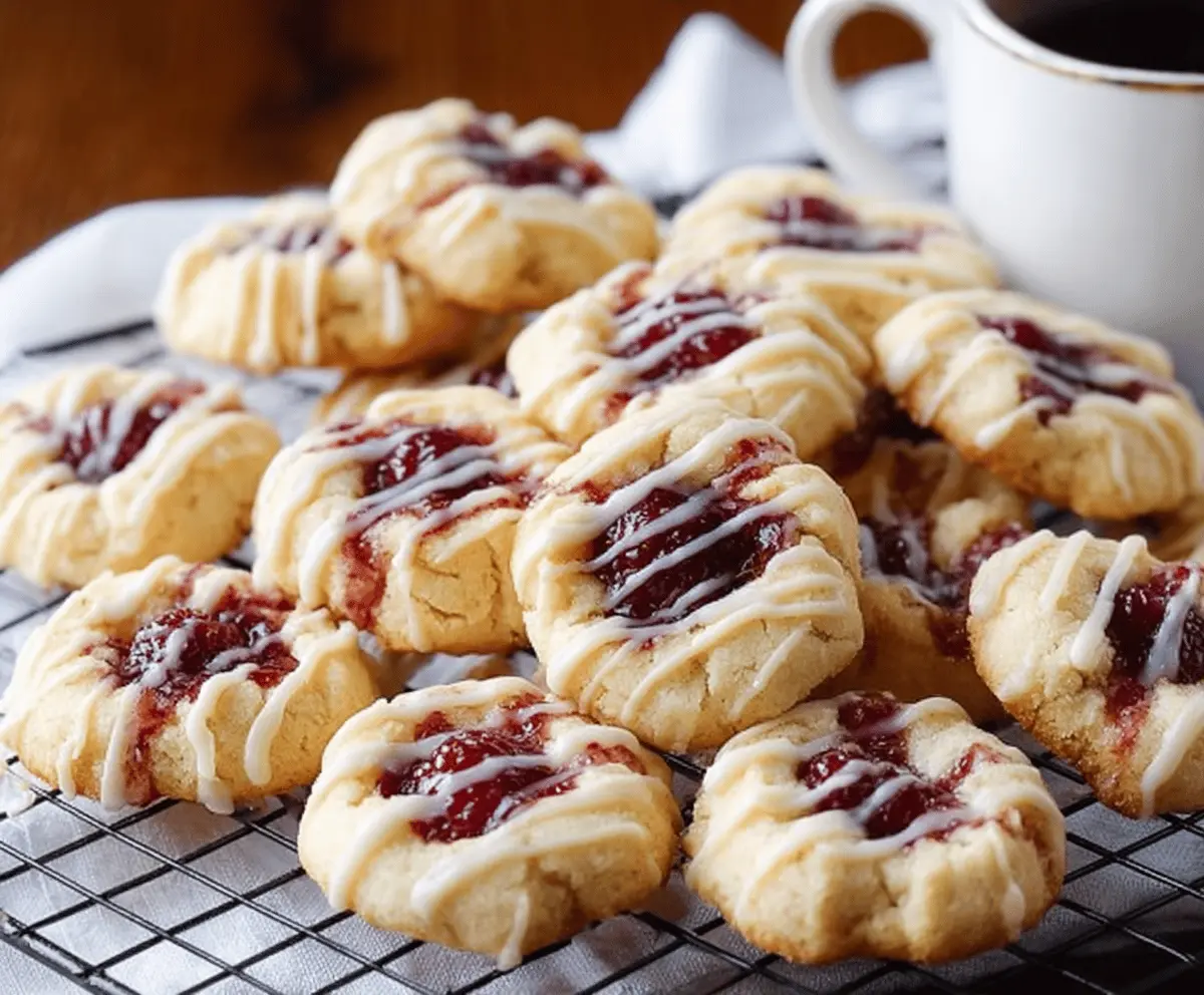 Delicious raspberry drizzle shortbread cookies with vibrant red raspberry topping and buttery shortbread base.