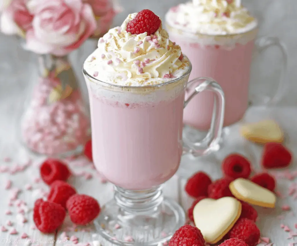 Creamy raspberry white hot chocolate in a mug topped with whipped cream and fresh raspberries