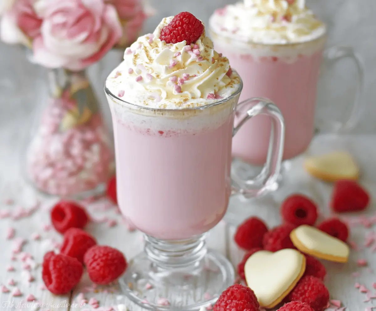 Creamy raspberry white hot chocolate in a mug topped with whipped cream and fresh raspberries