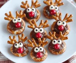 Delicious Reindeer Pretzel Bites garnished with festive red and green toppings for holiday snacking.