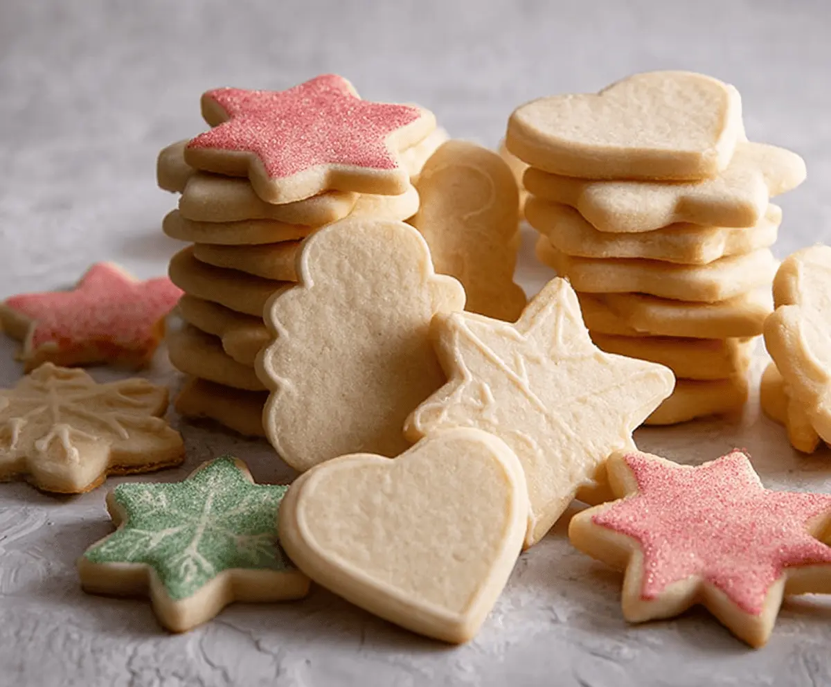 Decorated roll-out sugar cookies on a baking tray, ready to bake, with colorful icing and sprinkles.