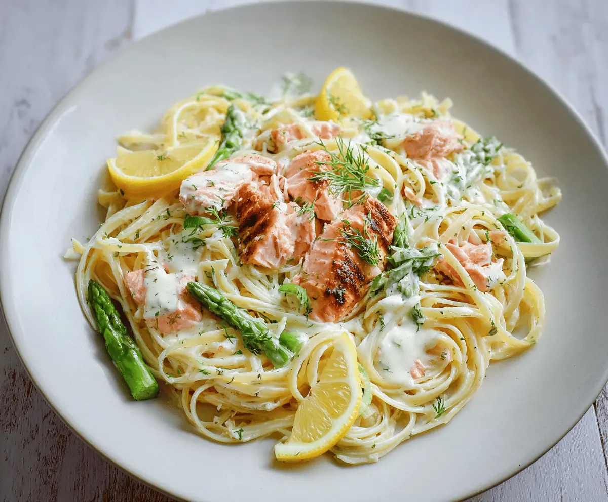 Delicious salmon pasta with a rich lemon cream sauce and fresh herbs on a white plate.