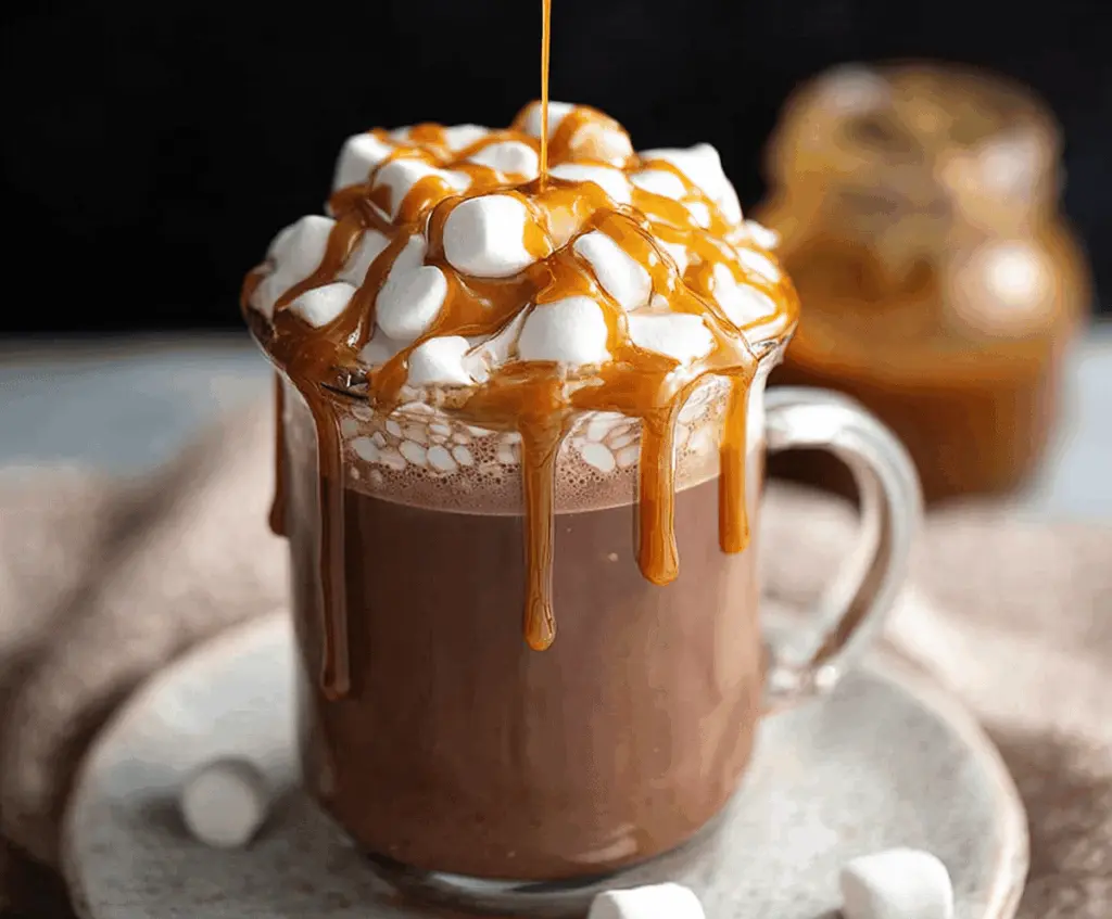 Creamy salted caramel hot chocolate in a mug with whipped cream and caramel drizzle, perfect for cozy winter evenings.