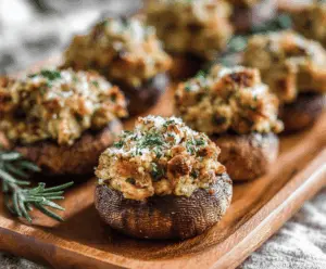 Delicious sausage stuffed mushrooms garnished with herbs, perfect for appetizers or party snacks.