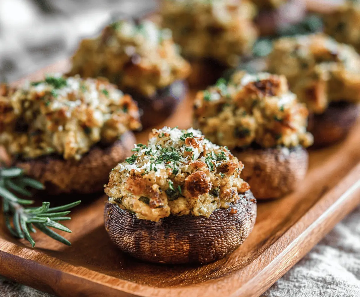 Delicious sausage stuffed mushrooms garnished with herbs, perfect for appetizers or party snacks.