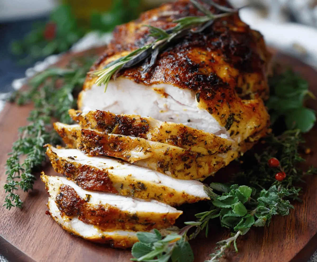 Juicy slow cooker turkey breast with herbs and spices, perfect for a healthy meal