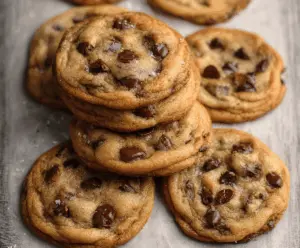 Delicious soft-batch chocolate chip cookies with melted chocolate chips on a baking tray.
