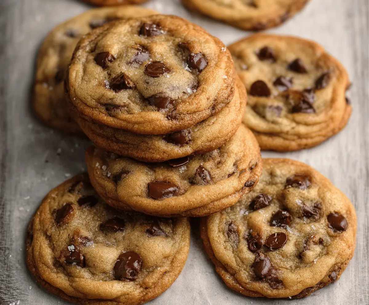 Delicious soft-batch chocolate chip cookies with melted chocolate chips on a baking tray.