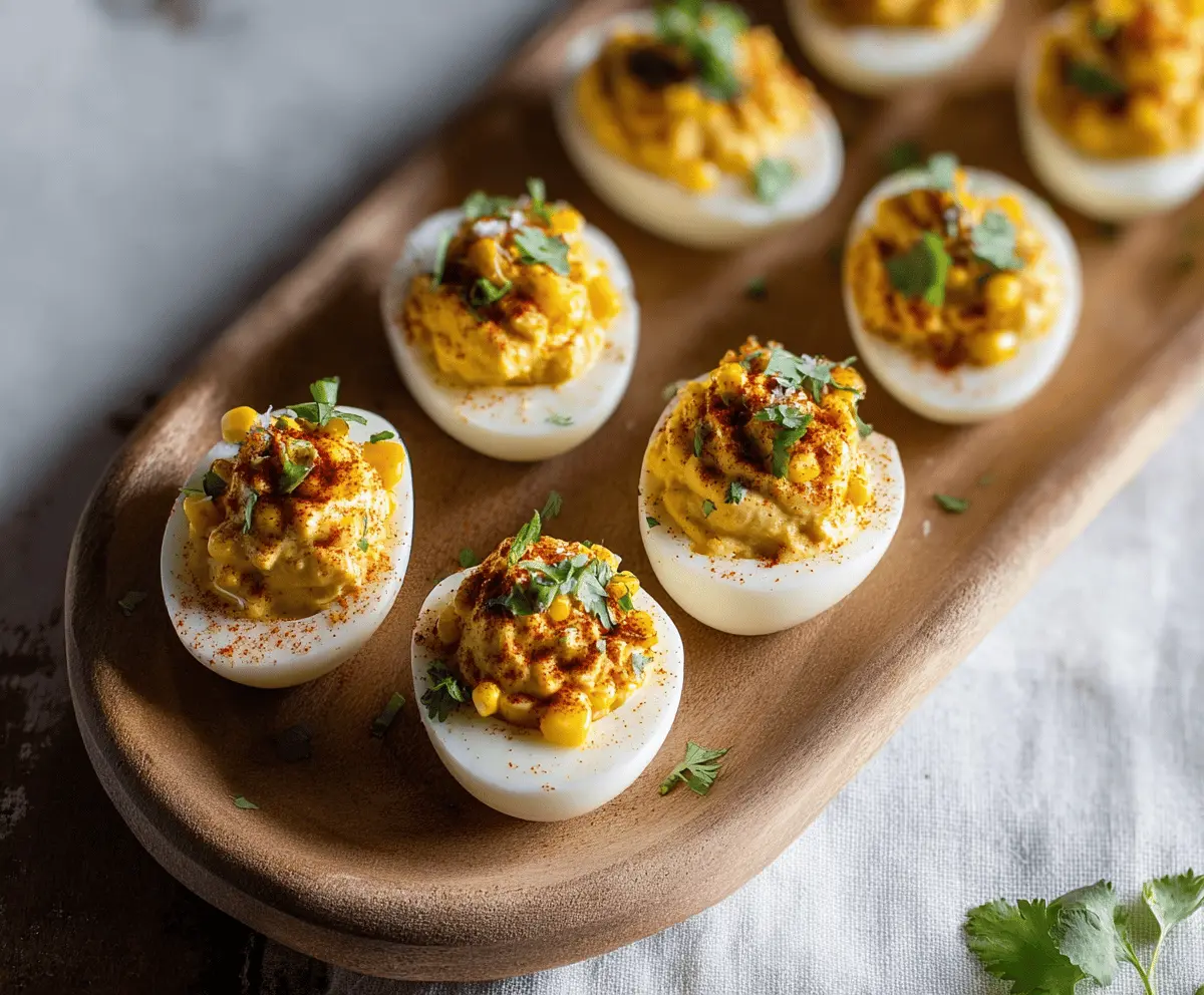 Street Corn Deviled Eggs garnished with fresh herbs and chili powder for a flavorful appetizer.