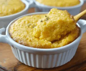 Creamy sweet corn pudding served in a bowl, garnished with fresh herbs, perfect for a delicious dessert or side dish.