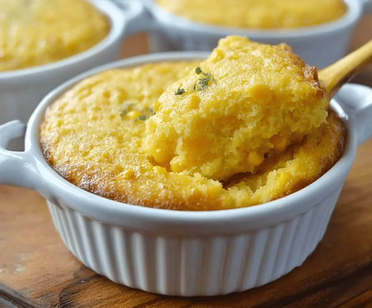 Creamy sweet corn pudding served in a bowl, garnished with fresh herbs, perfect for a delicious dessert or side dish.