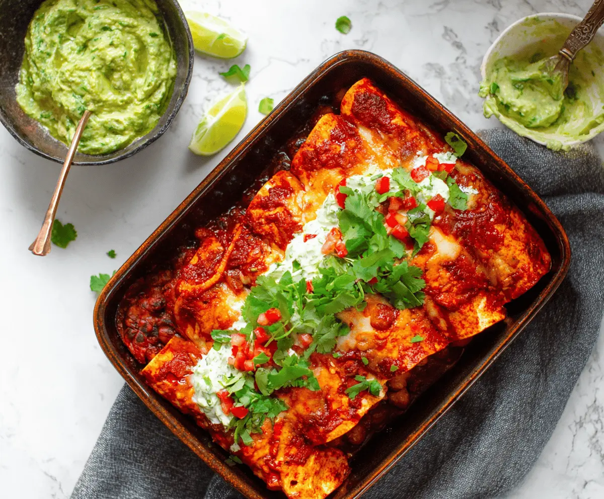 Delicious sweet potato and chickpea enchiladas garnished with fresh herbs on a plate.