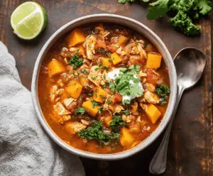 Delicious bowl of Sweet Potato Chicken Chili featuring tender chicken, sweet potatoes, and beans in a flavorful chili broth.