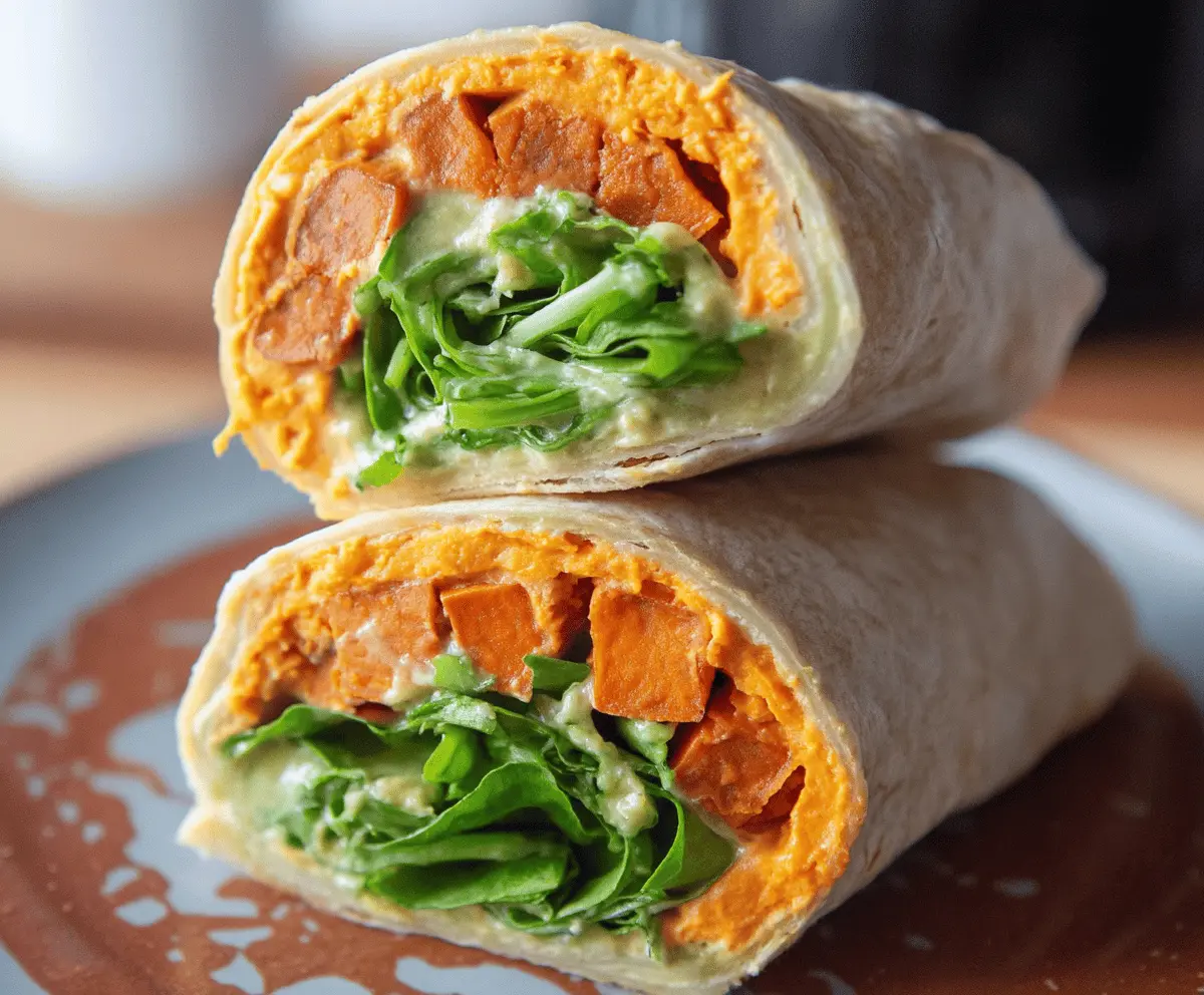 Healthy sweet potato hummus wrap with fresh vegetables and whole wheat tortilla.