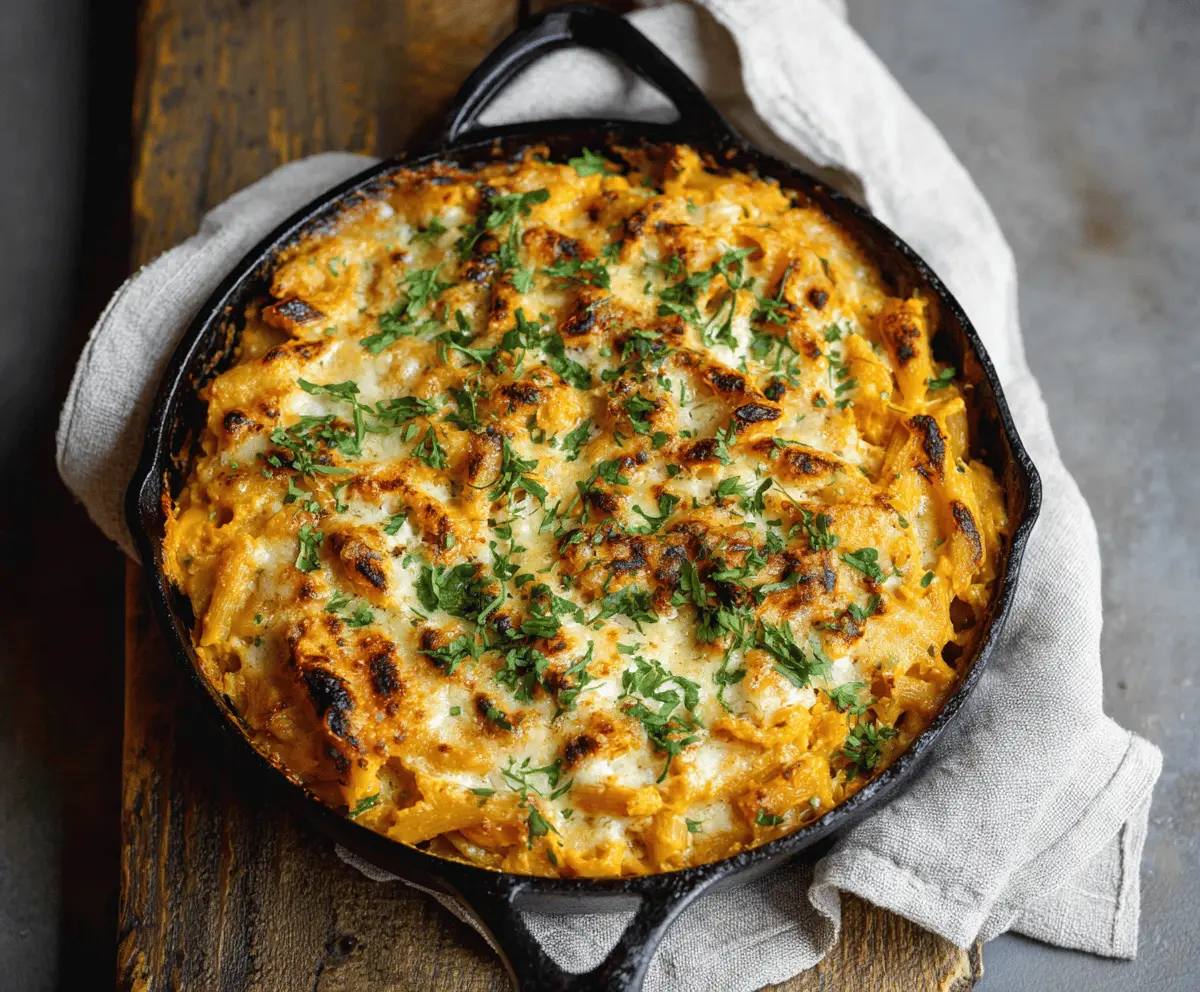 Creamy sweet potato macaroni and cheese served in a white bowl, garnished with chopped herbs.
